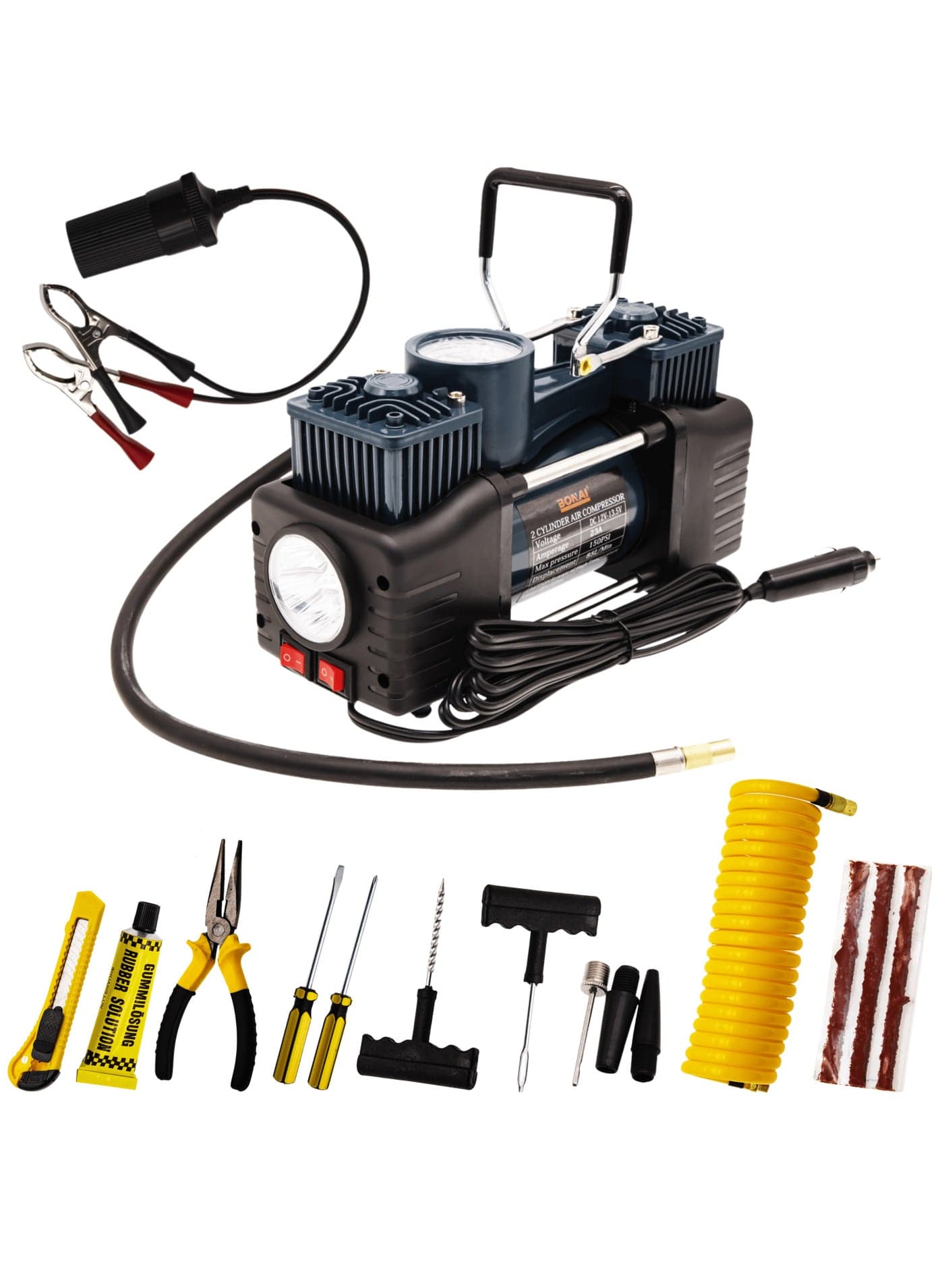 BONAI Portable Air Compressor 12V DC Car Tyre Inflator, 150 PSI High Pressure, 85L/Min Fast Inflation, Heavy Duty Motor with Carry Case, BN-HK107