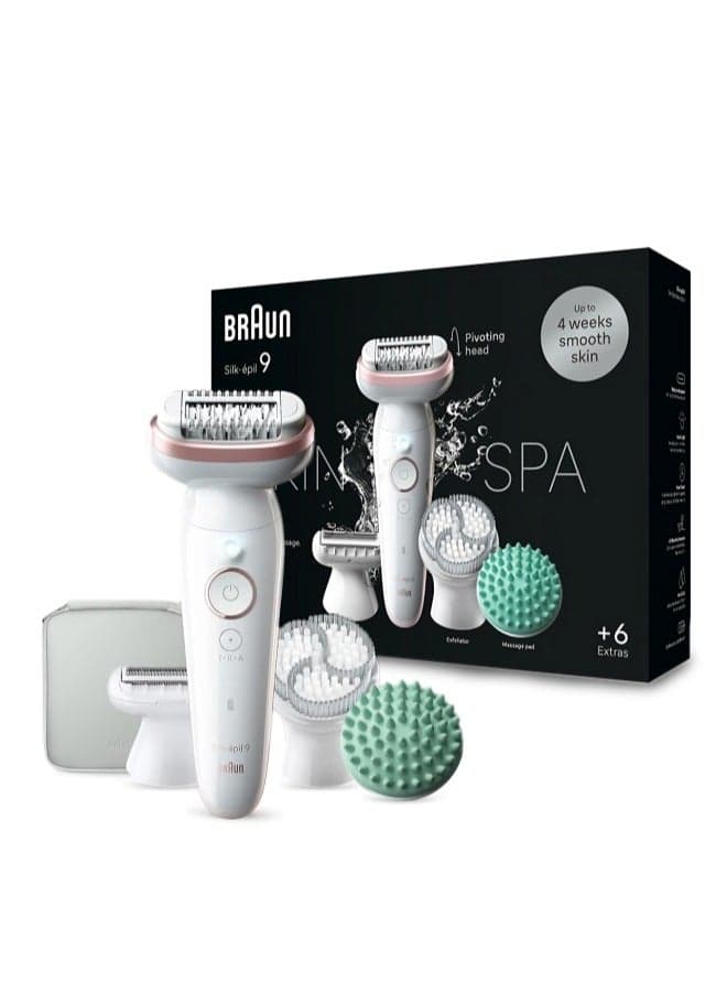 Silk-epil 9 SkinSpa 9-080 Epilator Wet & Dry, Deep body exfoliation brush, Massage Cap lasting smooth skin, Pouch. +6 Extra