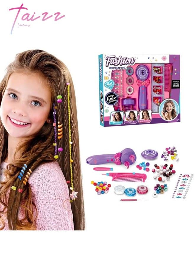 3in1 Fashion Hair Braid, Bead & Twist Styling Kit for Girls, Tween Hair Designer for Ages 4 and Up – Includes Beads, Hair Ties, Comb, Threader & More for your Little Angel - Multicolour