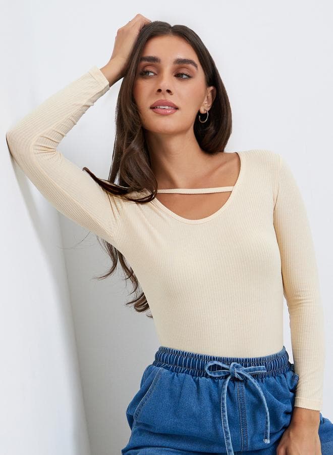 Women Beige Asymmetric Long Sleeve Top
