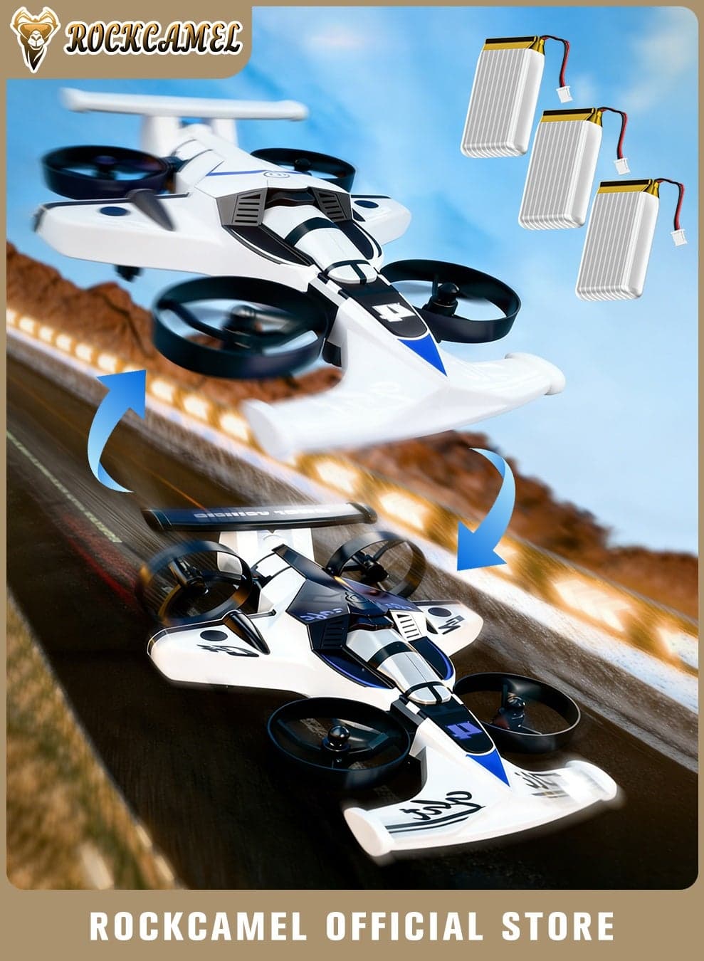 2 in 1 Flying RC Car Drone, Rechargeable Dual-Mode Car Drone, 3-Speed Adjustable, 360° High Speed Drift Stunt Cars with Remote Control, LED Stunt Effects, 3-Battery Combo (White)