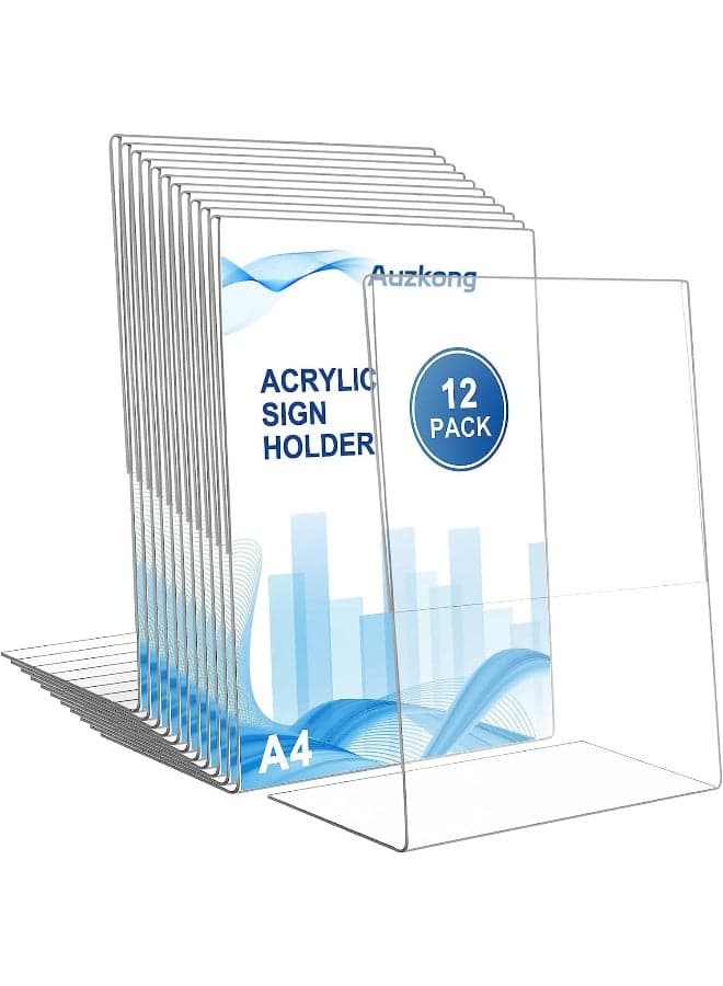 12 Pack A4 Sign Holders, Acrylic Slant Sign Holders, Clear Plastic Display Stand, Acrylic Paper Signs Holder Photo Frame for Restaurants Hotels Menu Stores Office