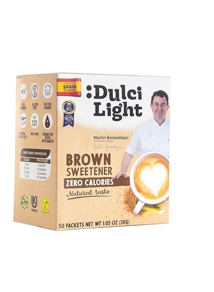 Food Factor Dulci Light Brown Sweetener Sticks Zero Sugar, Zero Calorie, Zero Carb, Cane Honey Sugar Granulated, Keto Friendly, Vegan, Suitable For Diabetic | Made in Spain 0.6 Gm 50 Sticks