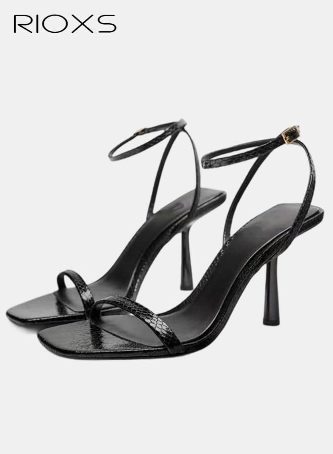 Women's Kitten Heels Sandals, Women's Kitten Heels Sandals Shoes, Stiletto High Heel for Women, Square Open Toe Shoes, Fashion Dress Shoes for Wedding, Ladies Ankle Strap Dressy Sandals, Comfort Heeled Sandals, Black Summer Party Shoes