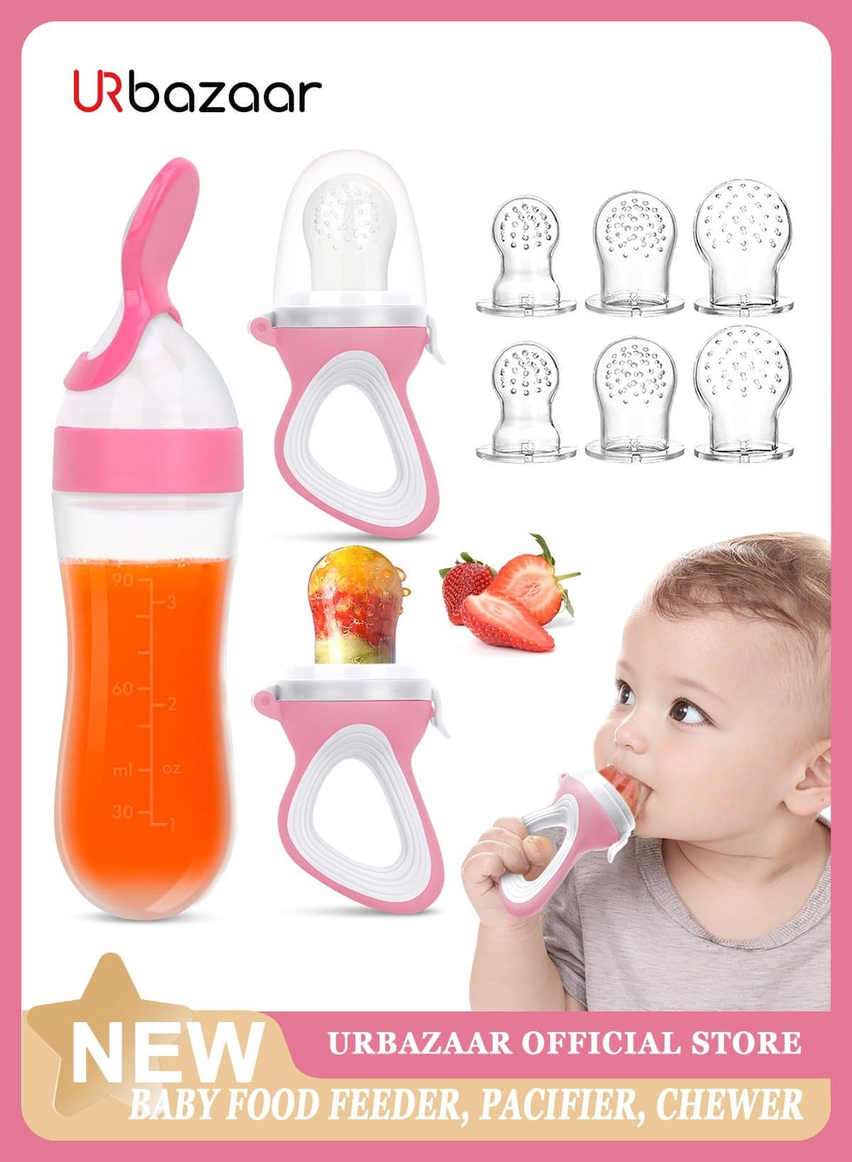 Baby Food Feeder, 2 Pack Baby Fruit Feeder Pacifier Fresh Food Feeder with 3 Sizes Silicone Pouches,1 Baby Feeding Spoons for Toddlers Infant