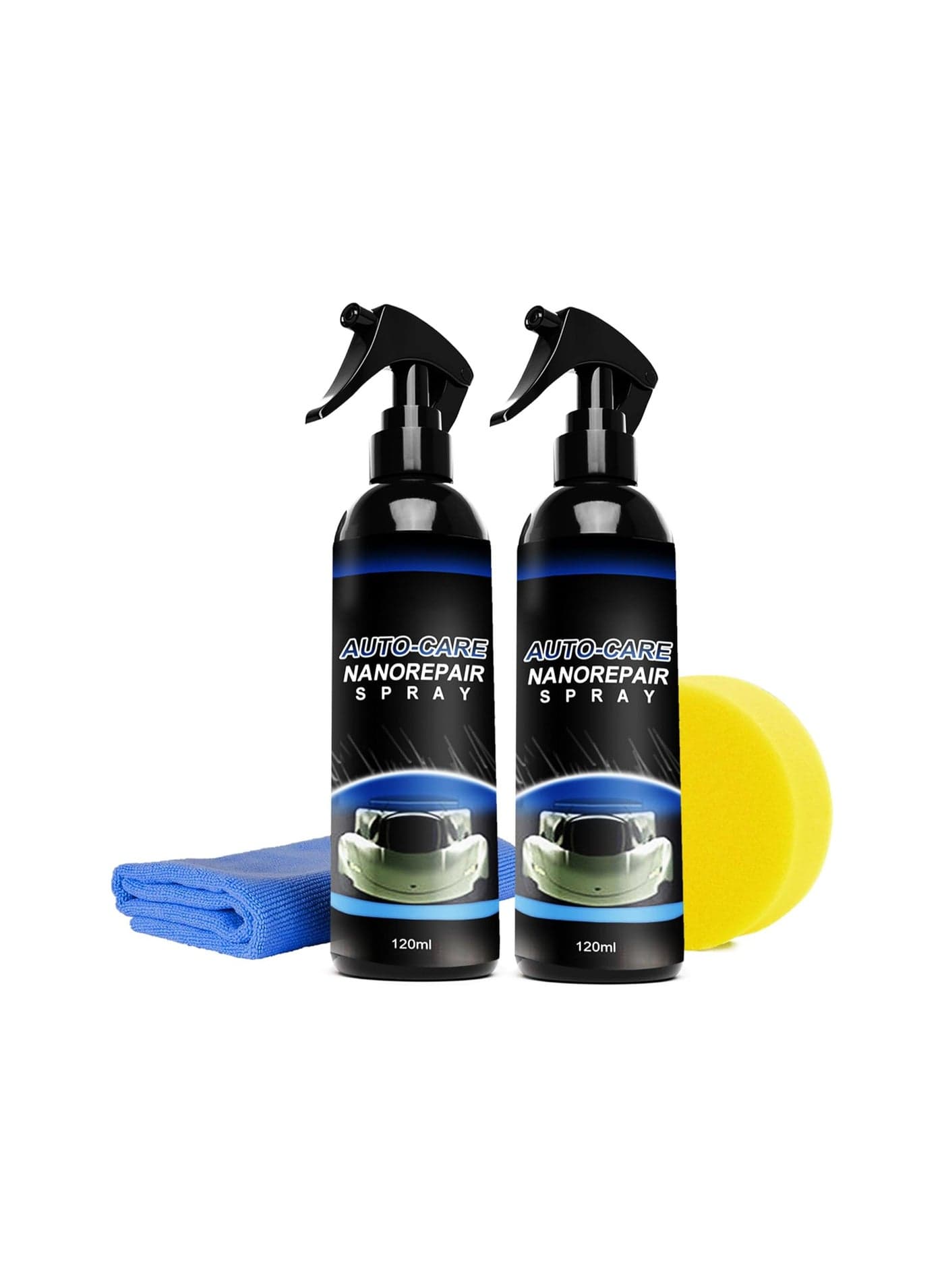 Nano Repair Spray, Nano Car Scratch Removal Spray, Car Scratch Remover, for Wheels, Chrome, Paint, Metal, Plastic, Rubber, Leather, Engines, Carpet, With Wipe & Sponge (120ml/4.3oz, Pack Of 2)