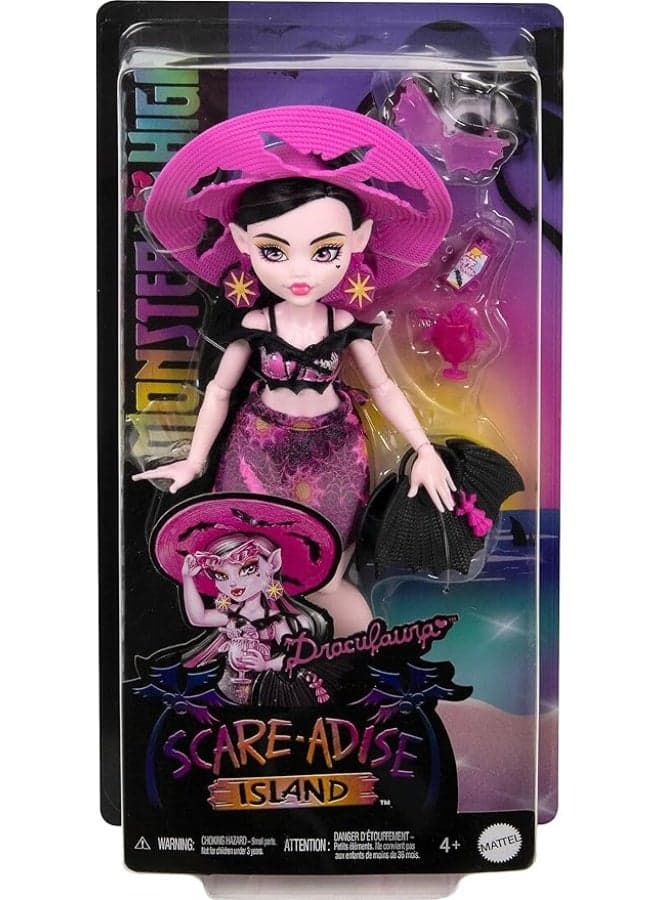 Scare-Adise Island Draculaura Doll With Swimsuit, Sarong And Beach Accessories Like Hat, Sunscreen, And Tote