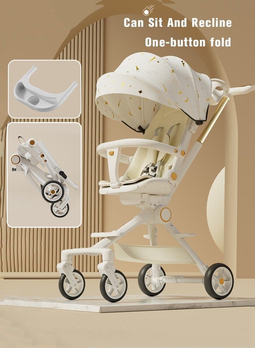 Lightweight Baby Stroller, Multifunctional Travel Cabin, One-Hand Folding Babies Strollers for Newborn, Infant, Kids with Dinner Plate, Sunshade and 175-Degree Adjustable Reversible Reclining Seat