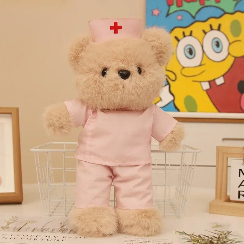 Embroidered Nurse Bear Doll in Doctor's Uniform – Stuffed Animal Toy Teddy Bear for Nurses Day, Stress Relief Gift for Women & Healthcare Workers
