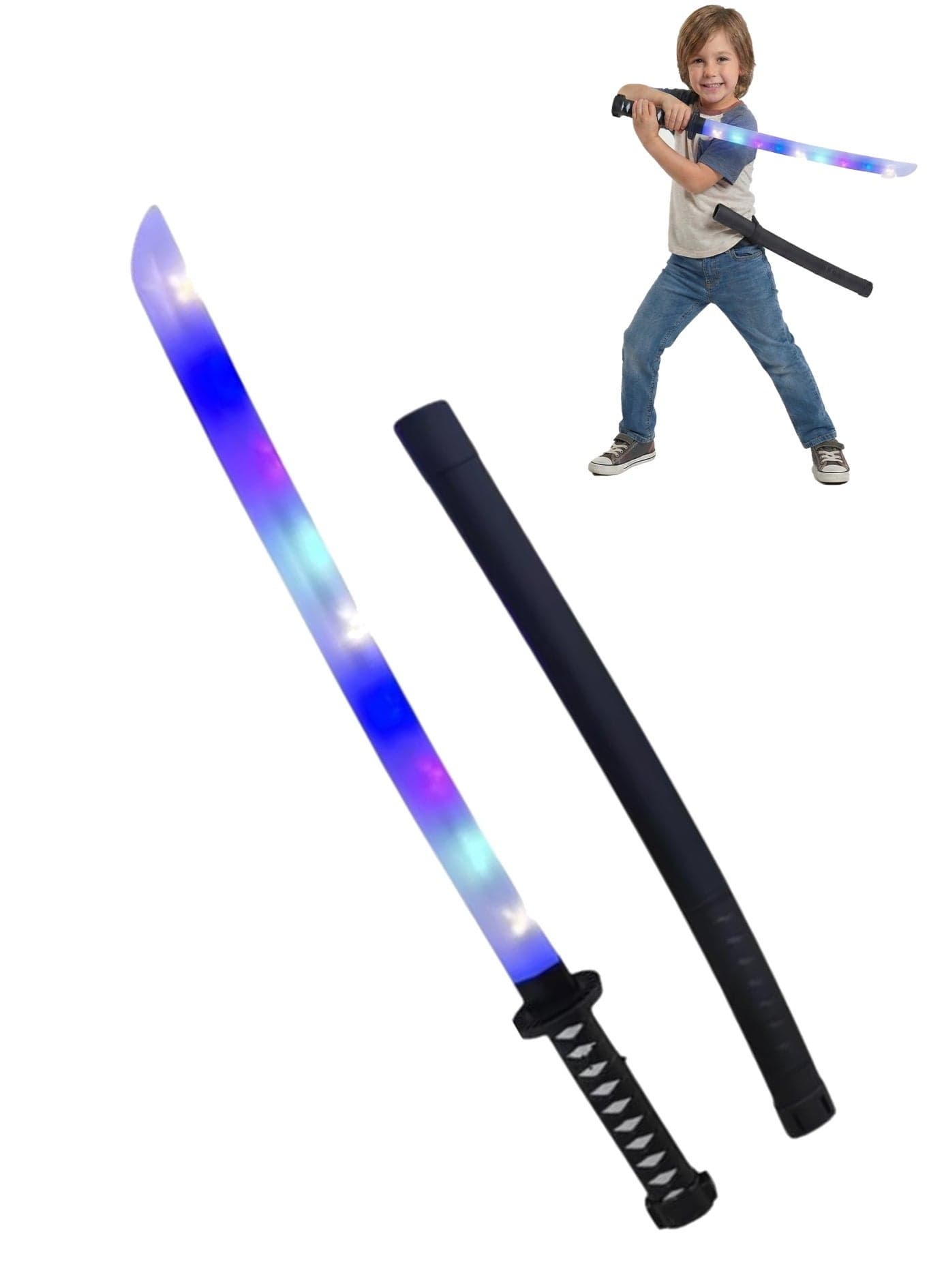 Electric LED Light Up Sword Toy 68cm – Musical Samurai Katana Blade with Sheath | Flashing Ninja Weapon for Kids Costume & Role Play | Motion Activated Sound Effects | Interactive Combat Cosplay Prop | Birthday Gift for Boys