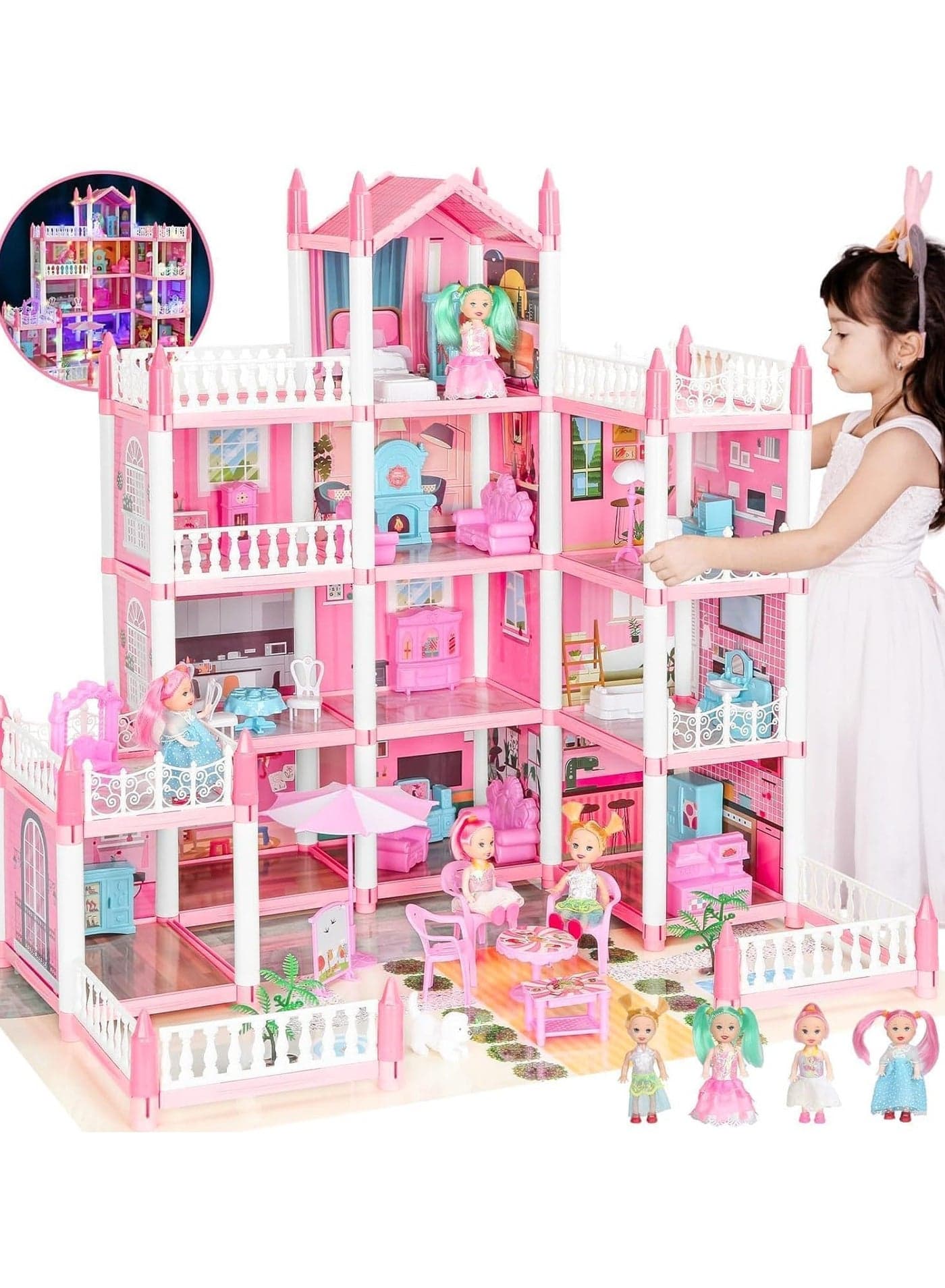 Doll House Dream Dollhouse for Girls Pretend-Play DIY Dollhouse Kit - 4-Story 11 Rooms Playhouse with 4 Dolls Toy Figures Furniture and Accessories Set