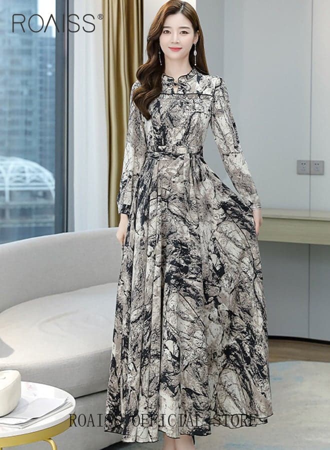 Women's Elegant Chiffon Dress, Ink Painting Texture Big Hemline Long Dresses, Daily Commuting Slim Youthful Long Sleeve Dress, Ladies Tighten Waist Spring Summer Dress