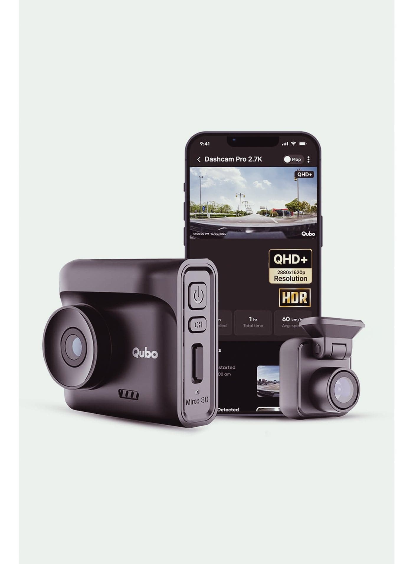 Qubo Car Dashcam Pro 2.7K by Hero Group | NightPulse Vision | Dual Channel: 5MP QHD+ Front (140°), 2MP FHD Rear (120°) | G-Sensor | 2" LCD | Built-in GPS, Wi-Fi, Mic | App | Up to 1TB Storage| Made in India