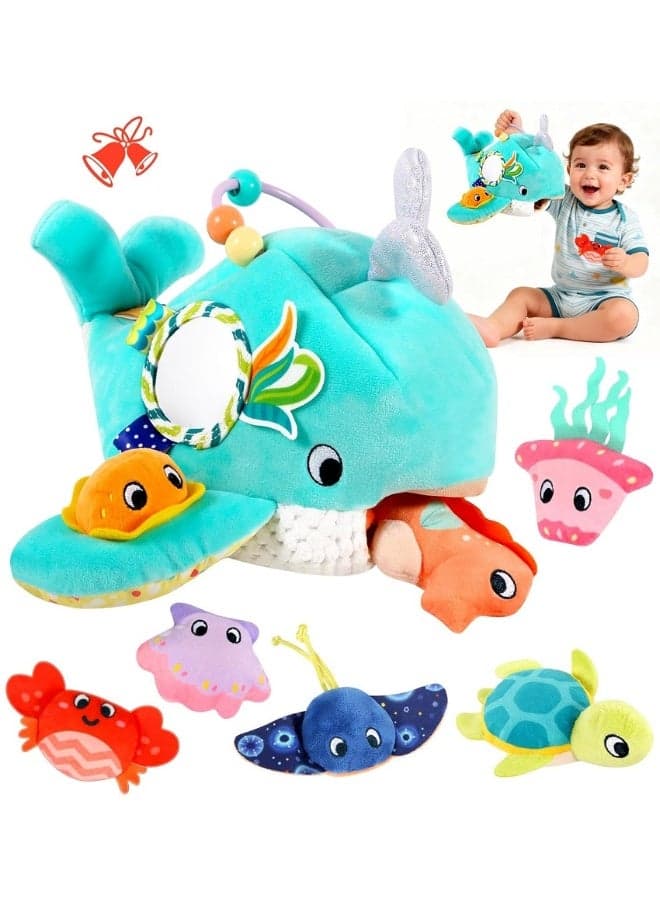 Baby Toys 6-12 Months, Soft Ocean Whale Playhouse with 6 Stuffed Animals, Sensory Development Activity with Rattle,Crinkle Paper, Mirror , Montessori Toys for Toddlers