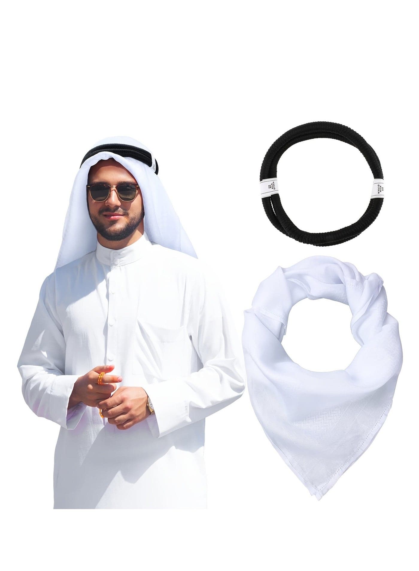 Men Headscarf with Aqel Rope, Arab Keffiyeh Shemagh Turban,Desert Keffiyeh Casual Headwear Scarf Neck Wrap Head Cover Turban Cap, White