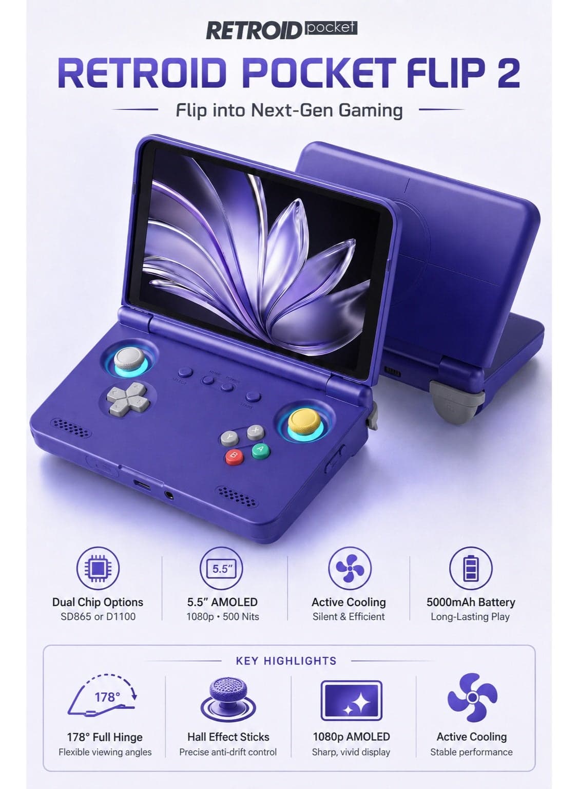 Retroid Pocket Flip 2 Retro Handheld Game Console, 5.5" 1080P AMOLED Display, Snapdragon 865, Hall Effect Sticks, Android 13, 5000mAh Battery, Portable Gaming Device, GC Purple