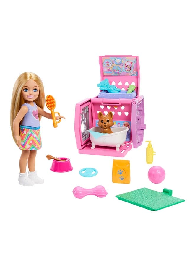 Barbie Chelsea® Puppy Carrier Playset, Blonde Small Doll and Accessories, Dog Carrier with Puppy Themed Play Pieces