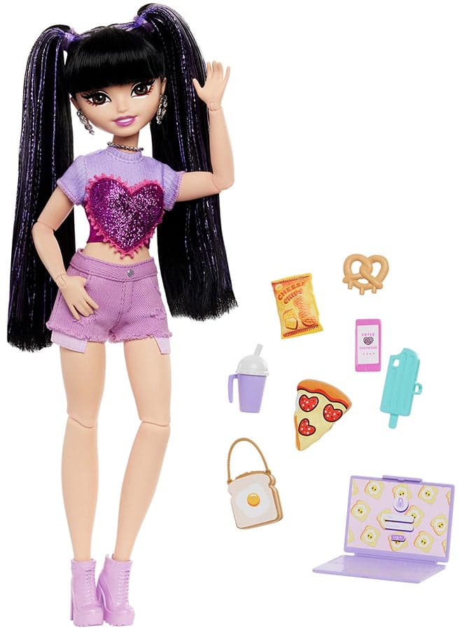 Dream Besties Doll and Accessories, Renee Posable Fashion Doll with Long Black Hair, 11 Video and Food Pieces
