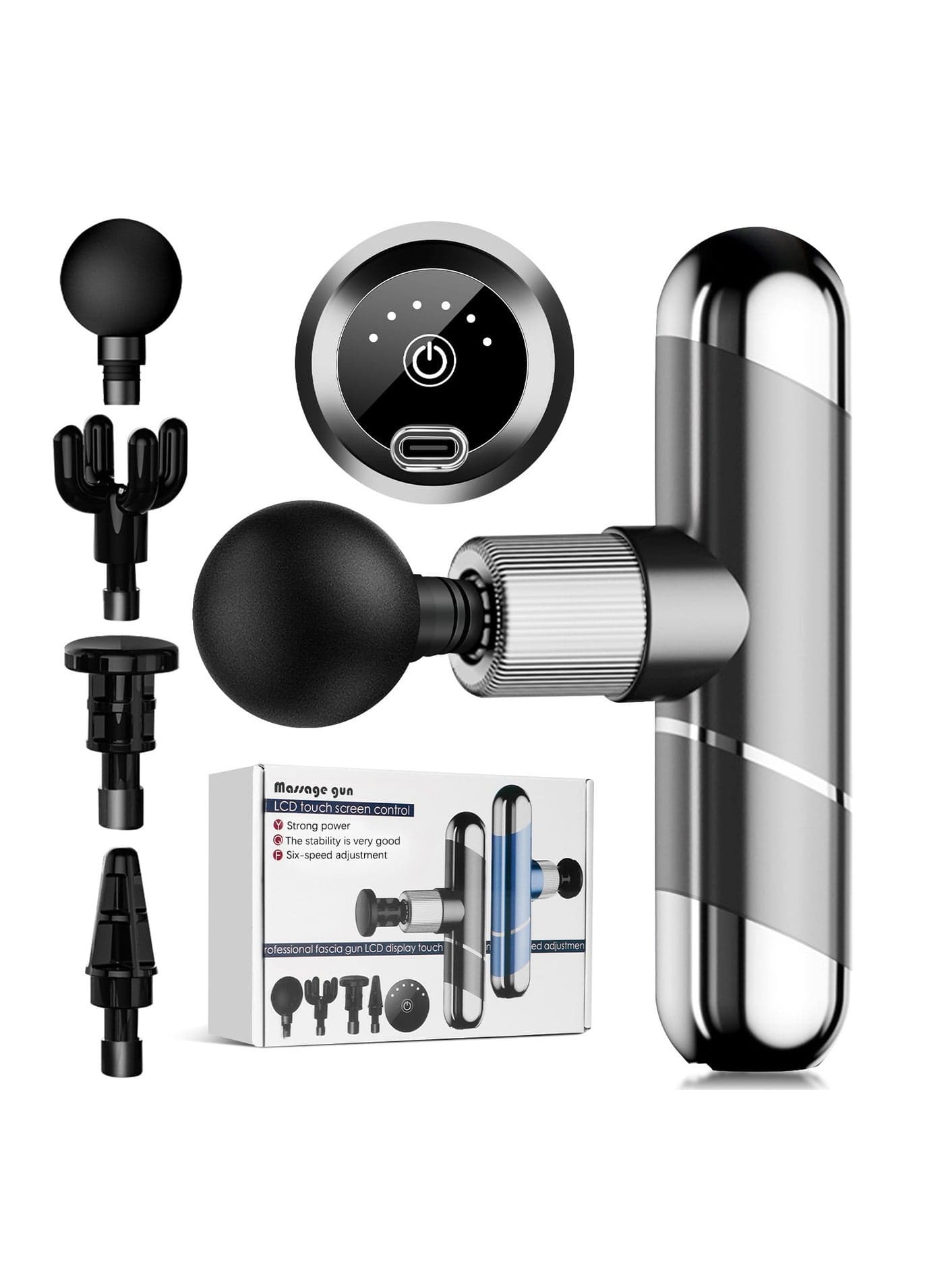 Mini Massage Gun, Deep Tissue Massager, Handheld Travel Massager, 6 Speed with 4 Massage Heads, Muscle Massager for Back Pain Relief