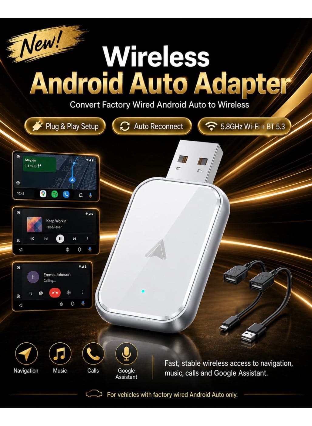 Wireless Android Auto Adapter for Android Phones, Converts Factory Wired Android Auto to Wireless, Plug and Play Auto Connect, White