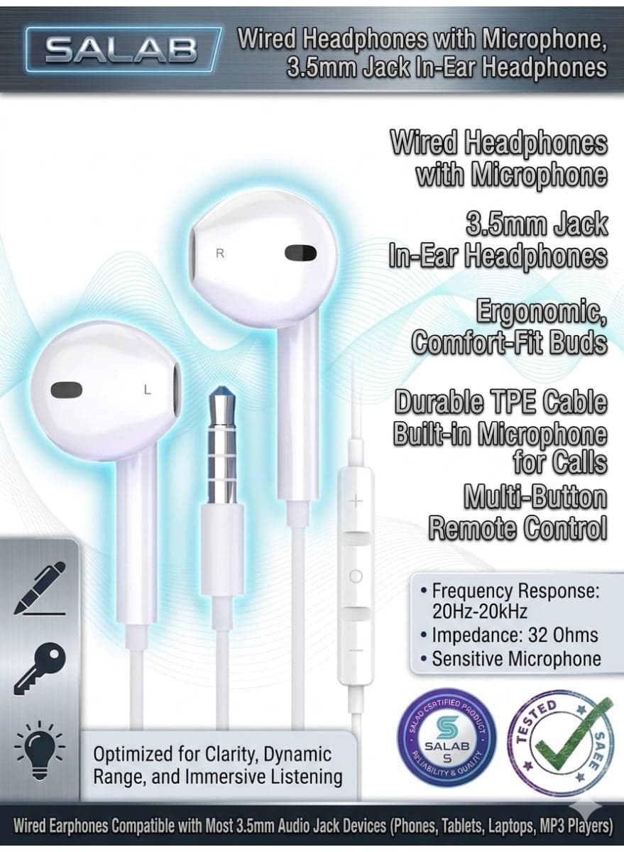 Wired Headphones with Microphone, 3.5mm Jack In Ear Headphones with Microphone Compatible with Smartphones, Computers, Laptops, IPads, MP3 Players and Most 3.5mm Audio Devices