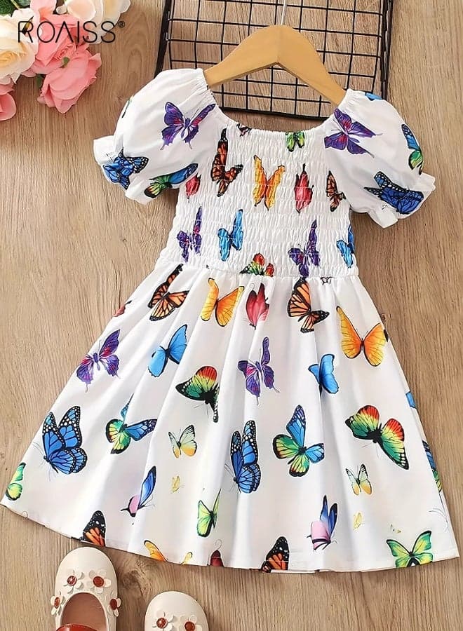 Girls Summer Dress with Butterfly Patterns, Vintage Puff Sleeves Dress, Stylish Casual Dress, Suit for Daily Wear or Any Occasion Comfortable Casual Soft and Breathable A-Line Dress