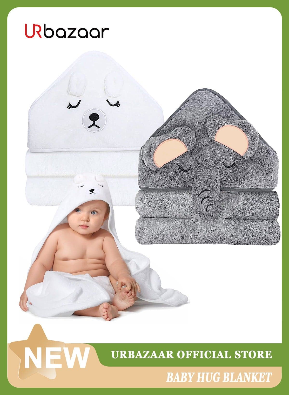2Pcs Bamboo Hooded Baby Towel,Organic Bamboo Bath Towel for Toddler, Soft and Super Absorbent Washcloth, Machine Washable Towel, Keeps Your Baby Warm & Cosy