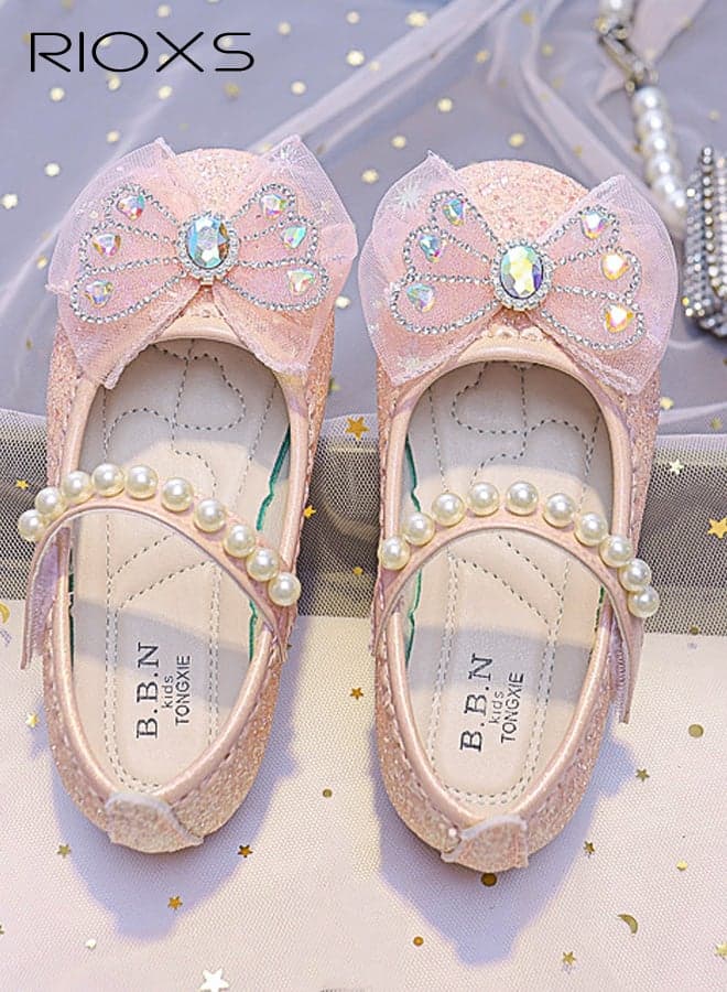 Girl's Bow Mary Jane Dress Shoes, Glitter Ballet Princess Flats with Pearl Strap for Kid Toddler, Slip-on School Party Dress Shoes for Wedding Performance Prom Party Graduation, Pink