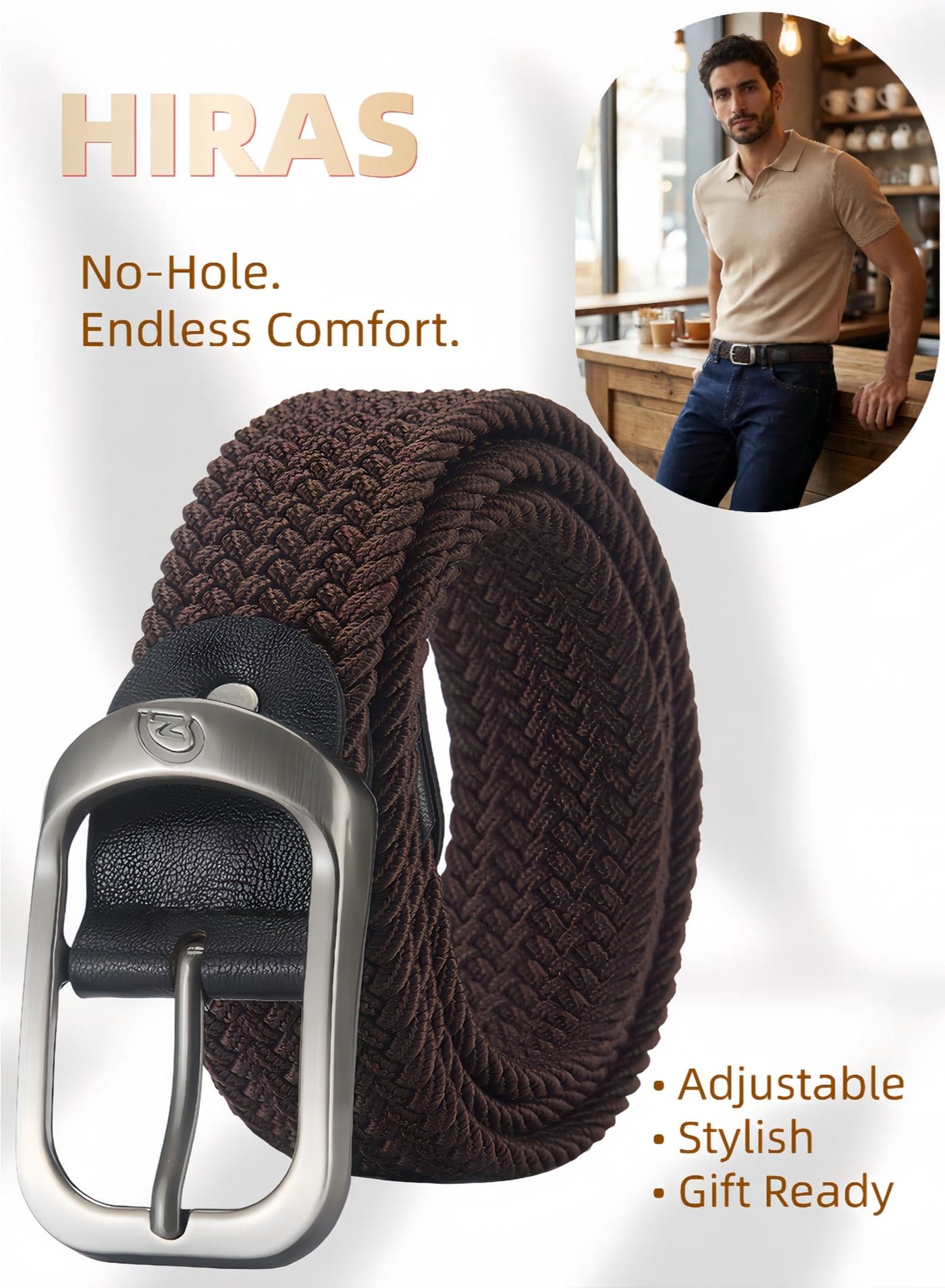 No-Hole Adjustable Elastic Belt for Men, Woven Stretch Belt with Metal Buckle – Formal & Casual Braided Canvas Belt for Jeans, Pants, Golf – Perfect Gift Box for Him