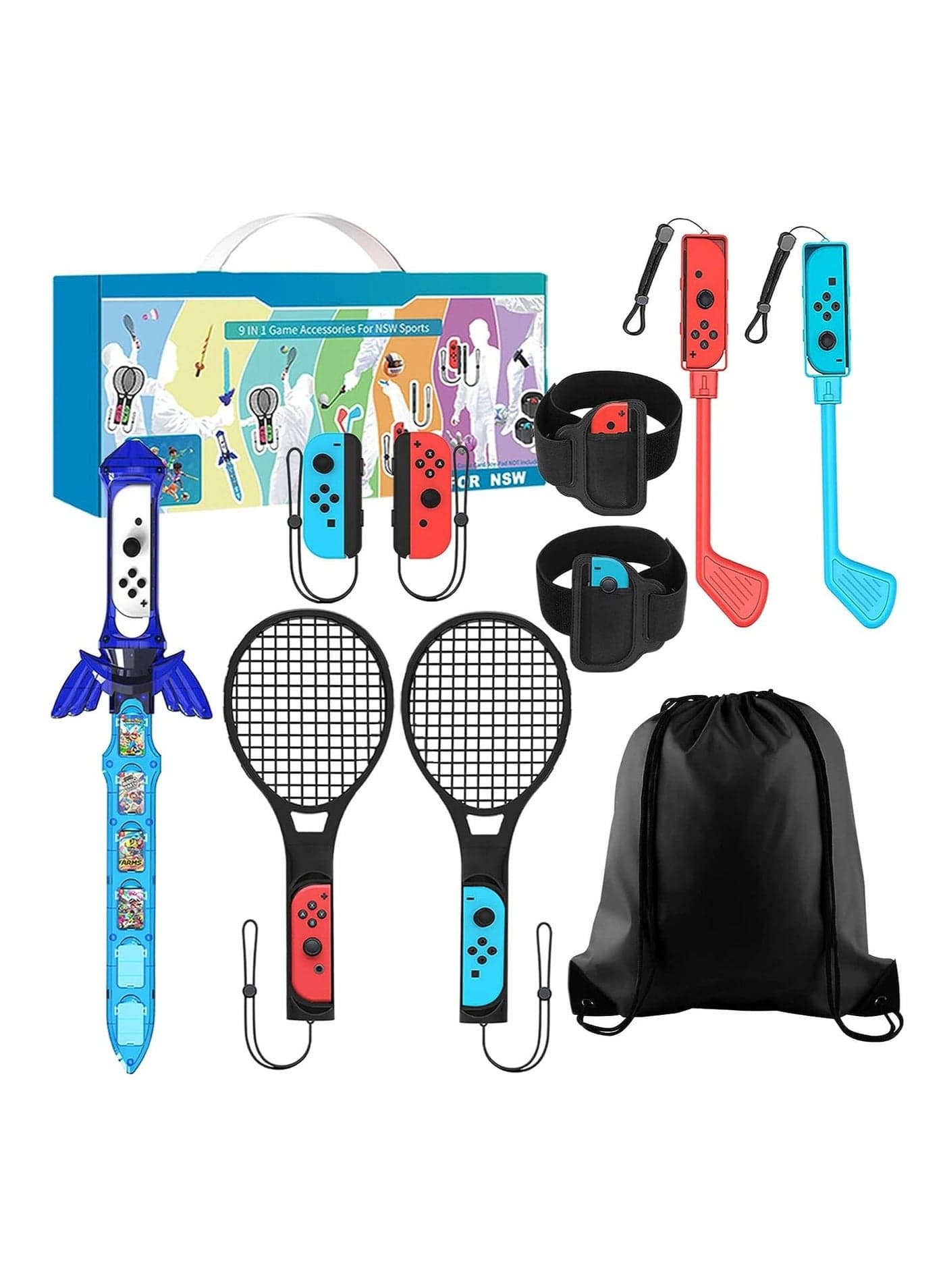 9 IN 1 Game Accessory Kits, For Switch Joy-Con, Tennis Ace Rackets +Golf Clubs for Golf+Leg Straps for Adventure and Chambara Game Sword
