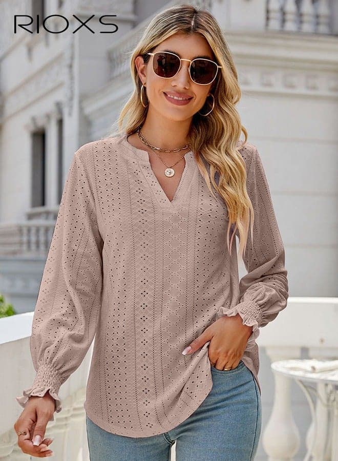 Women's V-neck Long Sleeves Tops,Knitted Ruffle Cuff Solid Color Jacquard Blouse,Hollow Ruffle Sleeve Tunic Tops,Dressy Casual Work Blouses,Soft Comfortable Pullover Shirt Pair With Pants/Jeans/Leggings/Shorts