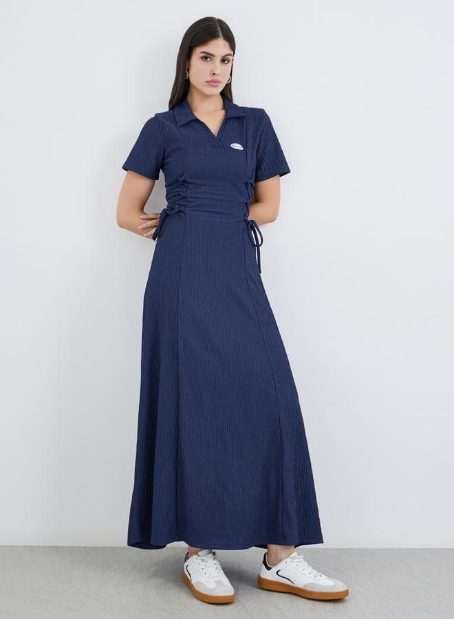 Textured Waist Tie-Up Collared Maxi Dress