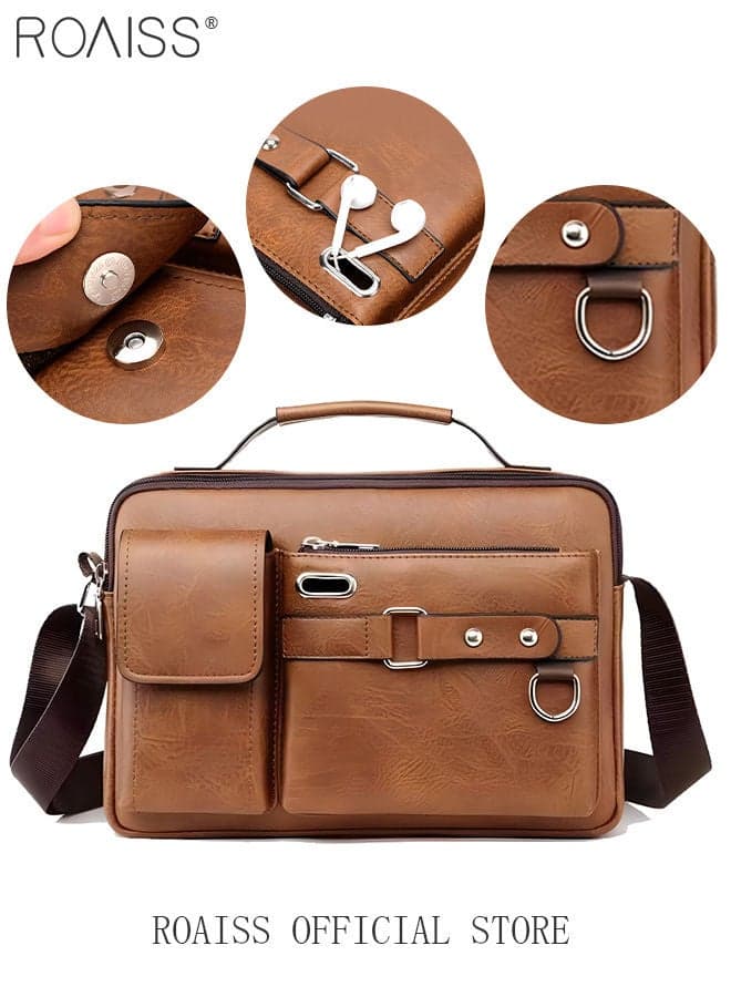 Business Messenger Shoulder Bag PU Leather Retro Chic Handbag Casual Portable Zipper Crossbody Shoulder Bag Husband Gift for Men Travel Work Office Multi-pocket Large Capacity Handbag