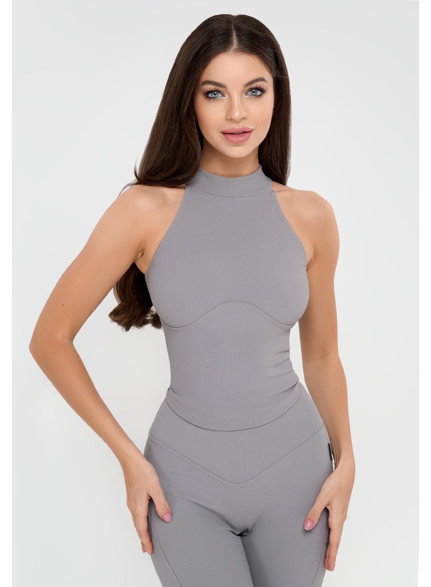 Bona Fide Top Ribbed Grey – Sculpting Sleeveless High-Neck Top