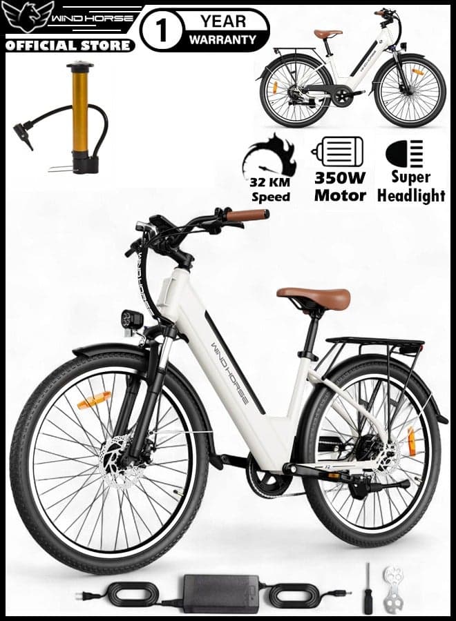 F2 Electric Bike for Adults 350W Motor, 36V 13Ah Removable Battery, 32KM/H Max Speed, 40–80KM Range, Carbon Alloy Frame, 26 Inches Tires, Shimano 7-Speed, Dual Disc Brakes, Front Suspension, 3 Riding Modes