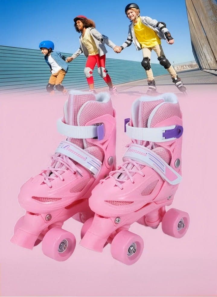 Roller skates, children's indoor and outdoor skating shoes,adjustable size, double row with 4 wheels, suitable for girls and boys, pink (M, suitable for sizes 35 to 38)