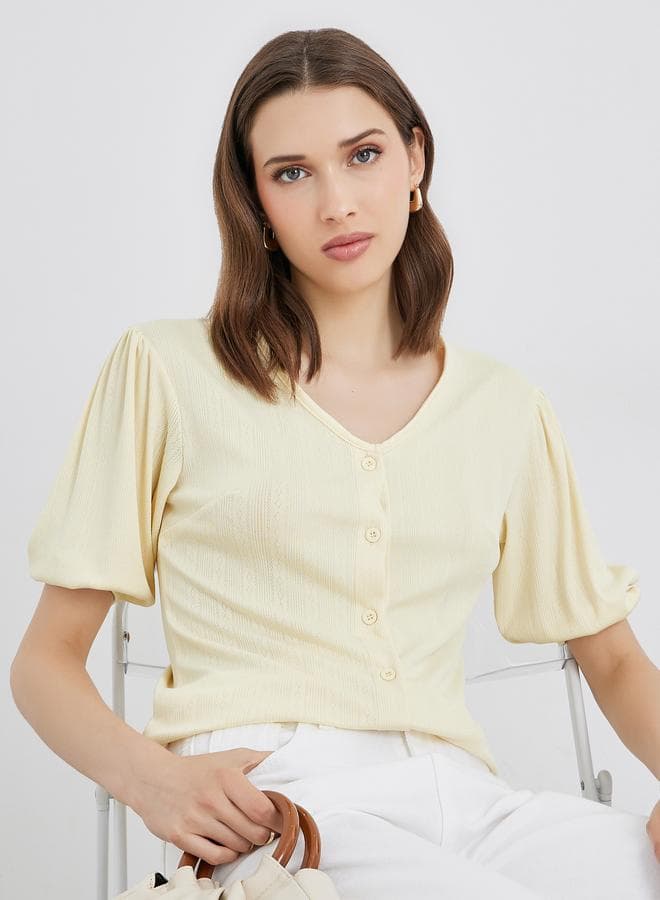 Take Two Yellow Button Placket V Neck Top