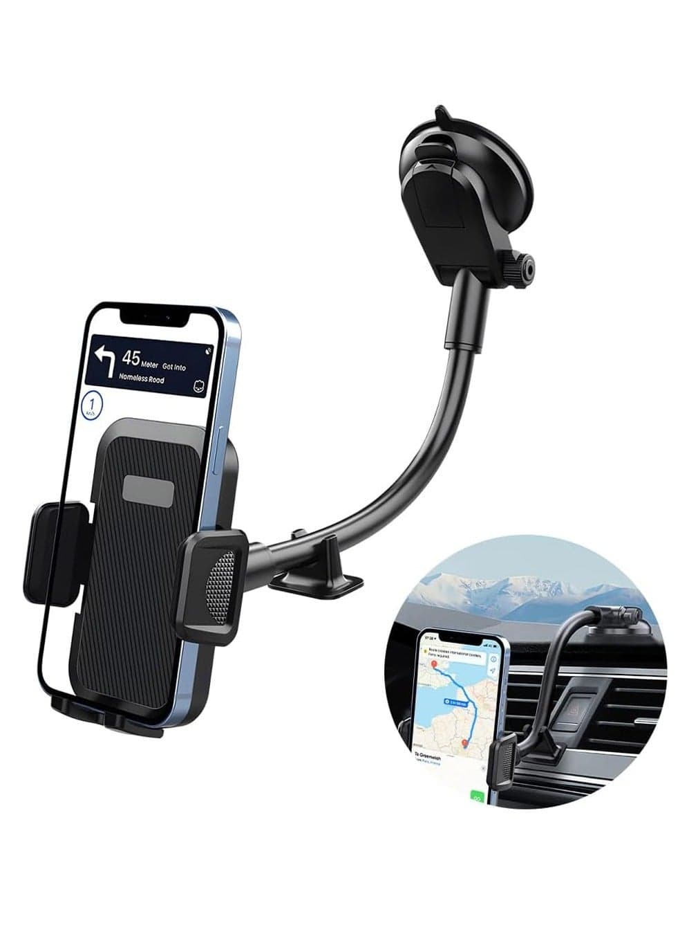 Long Arm Car Phone Holder Dashboard Windshield Air Vent Car Phone Mount Anti Shake Strong Suction Car Mobile Holder Rotatable Car Phone Stand Cell Phone Holder for Car with Air Vent Clip For All Phone