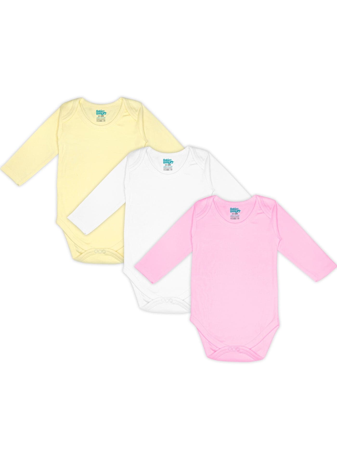 100% Super Soft Cotton, Long Sleeves Romper/Bodysuit, For New Born To 24Months, Set Of 3 - Pink, Lemon, Cream
