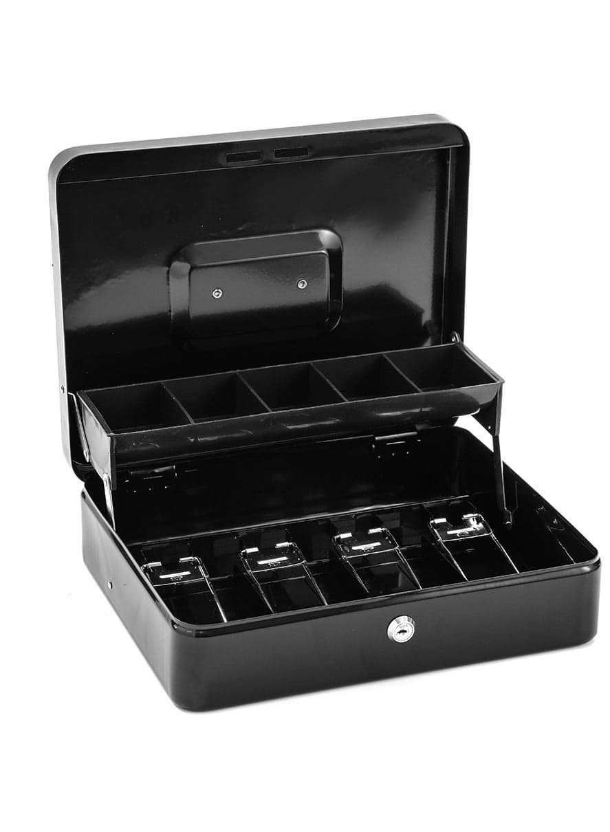 Cash Box With Money Tray And Lock, Black Metal Steel Cash Box For Small Business, Can Store Checks, Coins, Portable Cash Storage Box With Lockable Lid