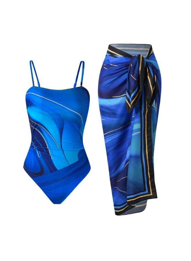 2-Piece Women Swimsuit With Beach Cover Ups Long Wrap Skirt Bathing Suit Swimwear Holiday Beach Dress Female Fashion Retro Swimwear Vintage Surf Wear Summer