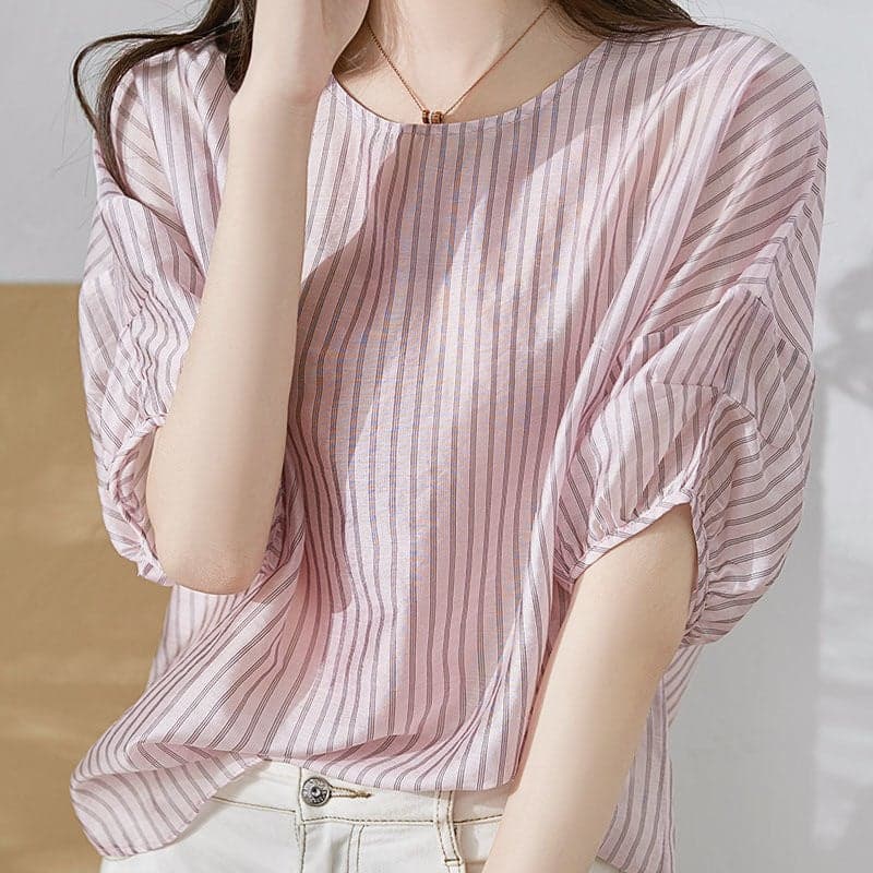 Design Niche Short-Sleeved Stripesd Shirt for Women 2024 Summer Casual Loose Draped Versatile Top Slimming Look Womens Clothing Pink