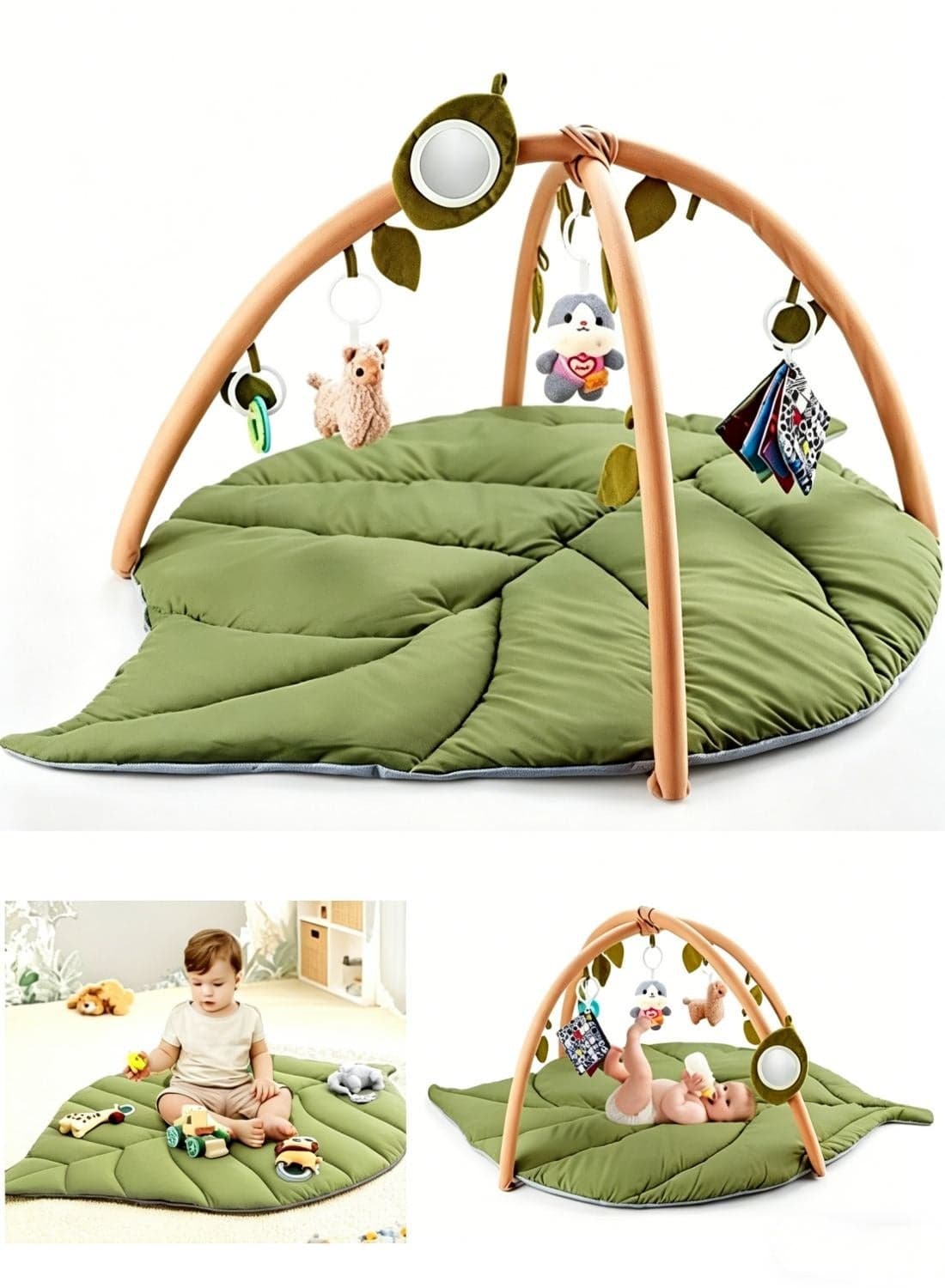 Baby Play Mat, Gym & Activity Mat, Large Leaf Shaped Playmat with 6 Detachable Toys, Tummy Time Activity Center, Promote Motor Skills & Sensory Development