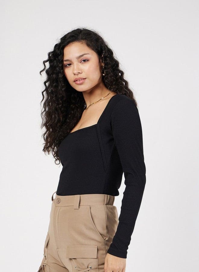 Black Ribbed Square Neck Fitted Top for Women