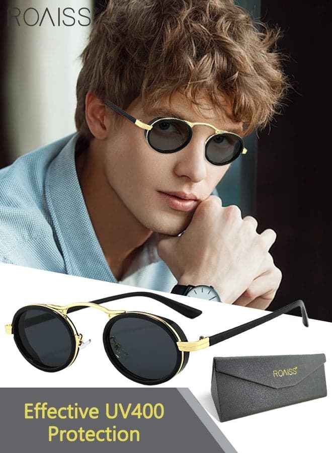 Retro Metal Steampunk Sunglasses for Men Women Round Sunglass UV400 Protection, Fashion Anti-Glare Sun Shades for Driving, Fishing, Traveling,Gold,53mm