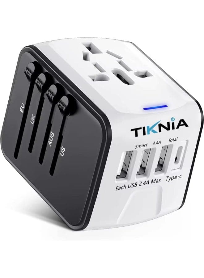 TIKNIA Universal Travel Adapter, Worldwide Travel Plug Adapter with 3 USB A and 1 USB C, 10A Fuse All In One International Travel Adapter - EU UK US AUS Plugs White