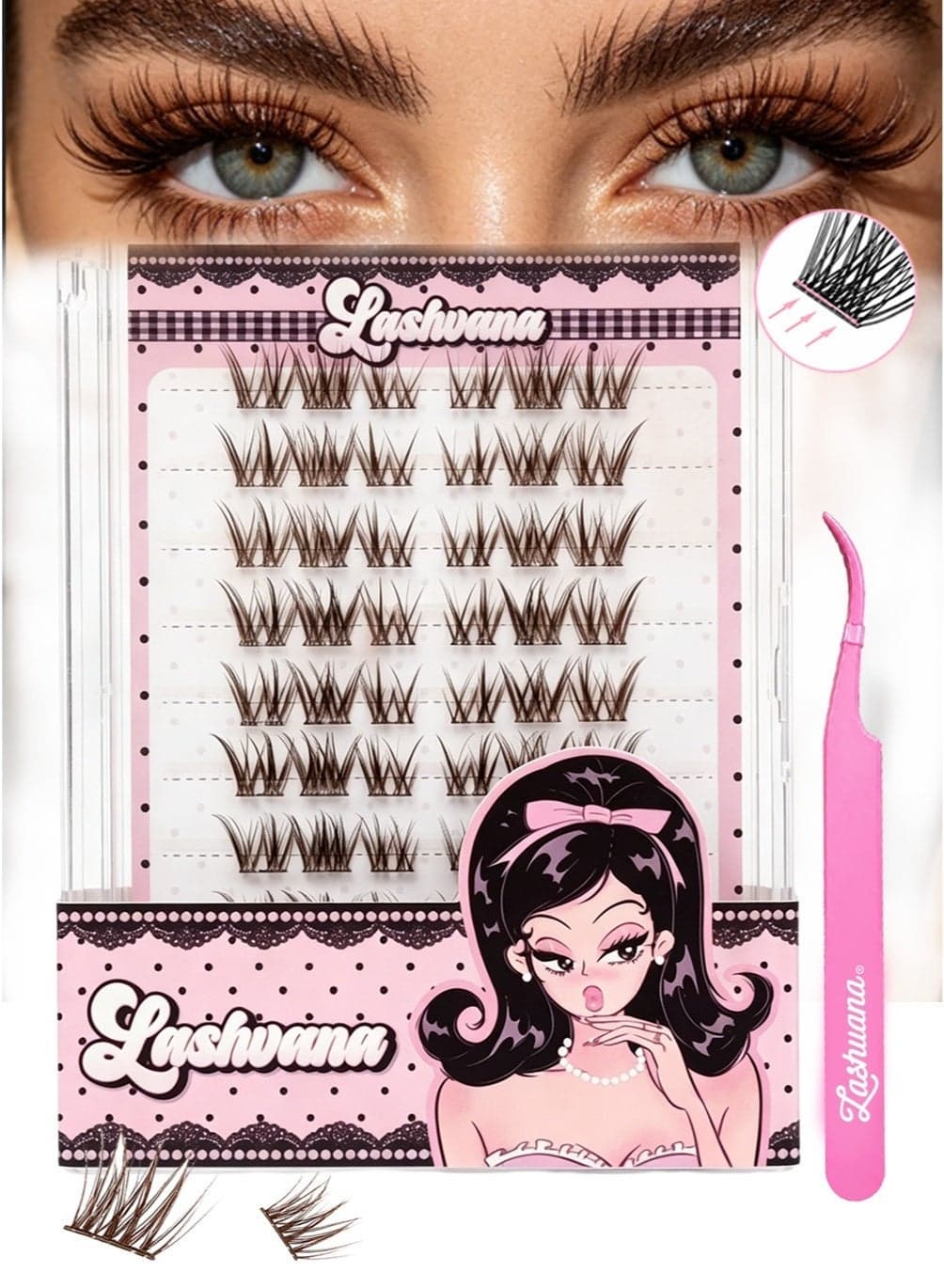 Self Adhesive False Eyelashes Clusters Kit,Light Brown Natural Style Glue-Free Lashes, Pre Glued Wispy Lashes Kit With Tweezers For Beginners, Press On Glueless Individual Lashes DIY Eyelashes.