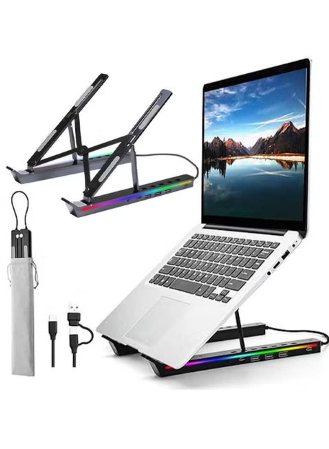Laptop Stand for Desk, Aluminum Computer Stand with USB-A、USB-C and RGB Lights, Adjustable Foldable Portable Stand, with USB-A 3.0 and USB-C 2.0 Hub Multi-Functional Laptop Riser with Additional Ports