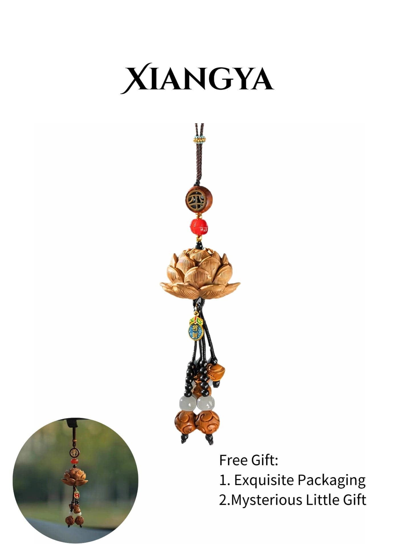 Car Mirror Hanging -Carved Lotus Car Decoration Accessories – Peach Wood & Bodhi Beads with Red Agate Accents, Car Accessories Hanger for Car Interior Decoration, Multi-Use Charm for Bag or Keychain