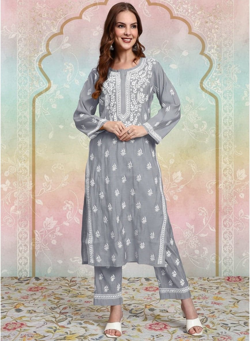 Hand Embroidered Chikankari Chanderi Kurta Set-AL4089KS